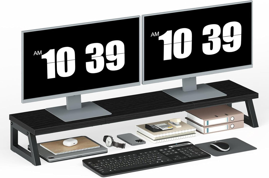 HOOBRO Monitorständer Holz für 2 Monitore, 100 x 24 x 12,5 cm, Dual Monitor Ständer, Bildschirmerhöh