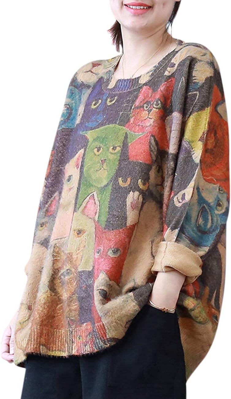 Janein Damen Pullover Oversize Lang Strickpullover Herbst Winter Rundhals Sweater mit Blumenmuster W