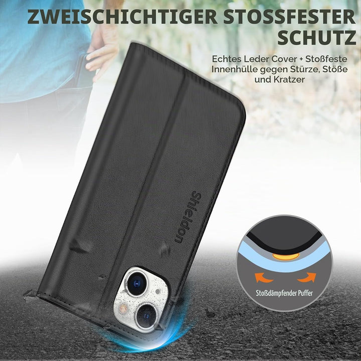 SHIELDON Hülle für iPhone 14 5G Stossfest Handyhülle [Erstklassig Echtleder] [Kartenfach] [Magnet] [