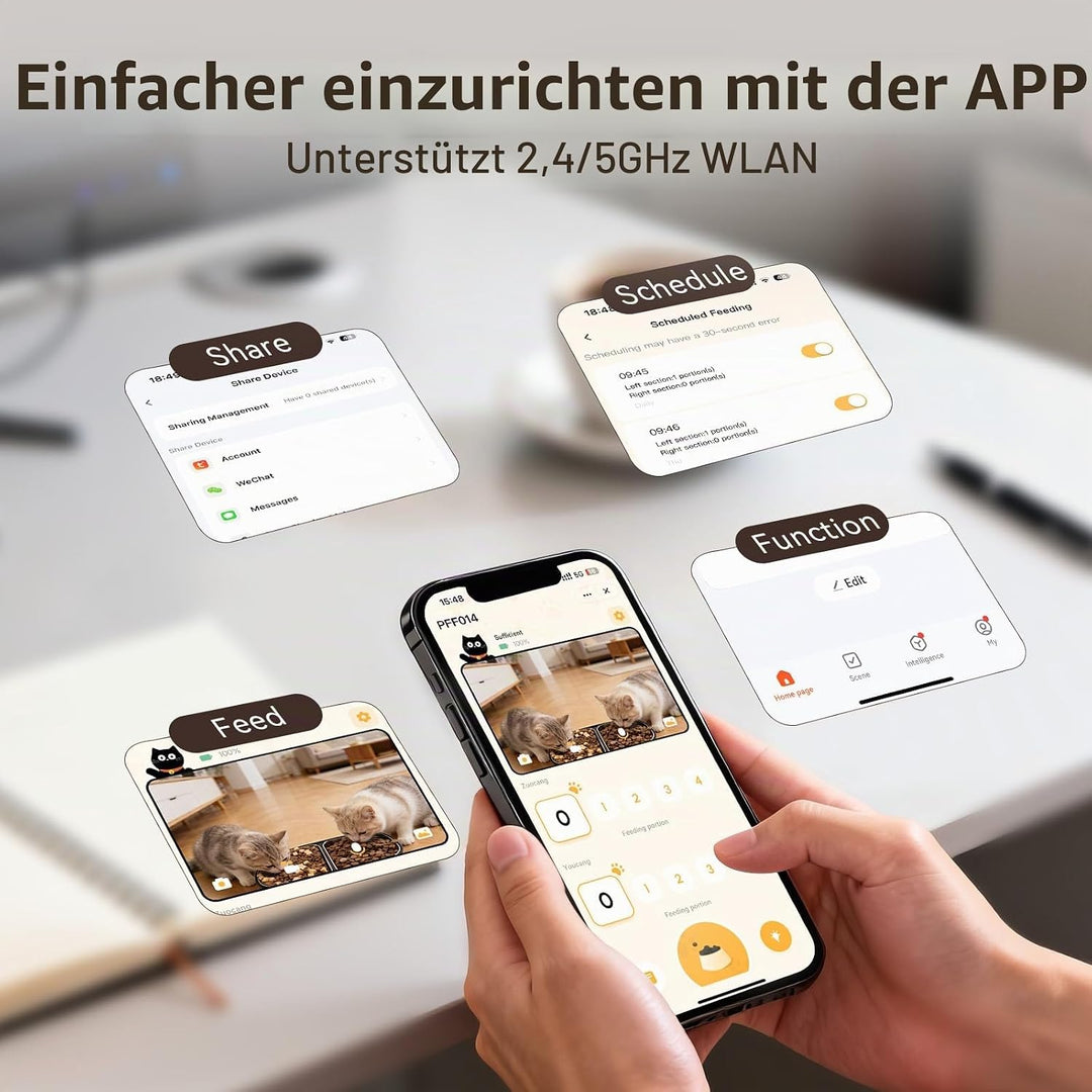 Futterautomat Katze, 2 Näpfe Katzenfutter automat mit APP, 7L Futterspender Katze, 5G WiFi Trockenfu