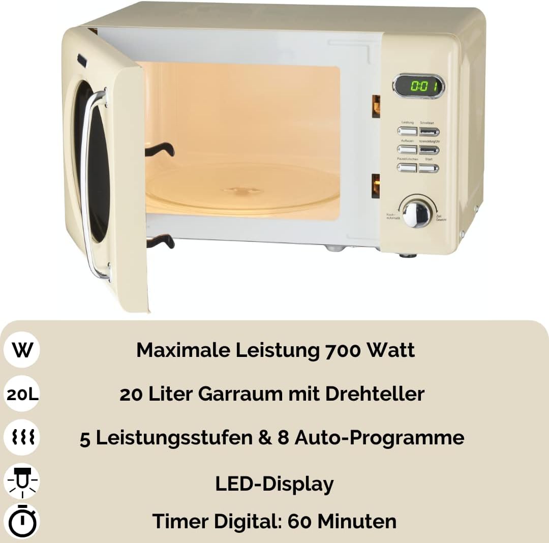 Wolkenstein Retro Stand Mikrowelle WMW720 SC I 700W Mikrowellenleistung I 20L Garraum I5 Leistungsst