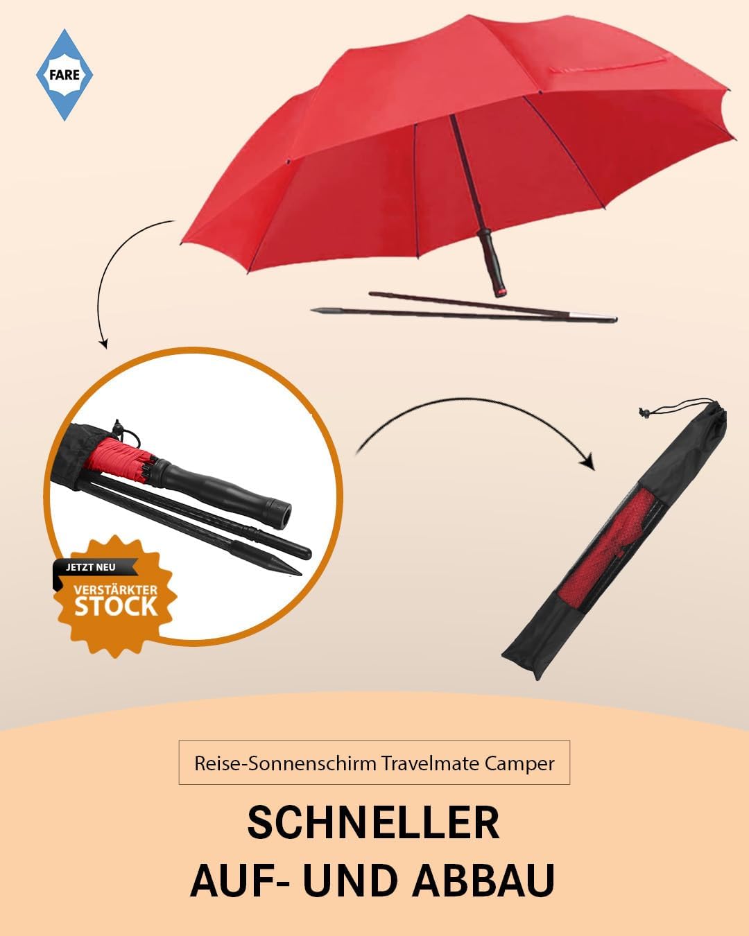 FARE Reise-Sonnenschirm Travelmate Camper UV Schutz 50+ für Koffer Flugzeug Camping Balkon Strand Ga
