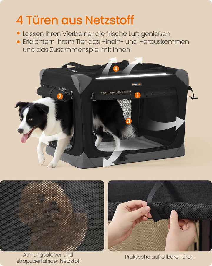 Feandrea Hundebox faltbar, Transportbox, Hundetasche, Oxford-Gewebe, mit 4 Türen aus Netzstoff, Grif