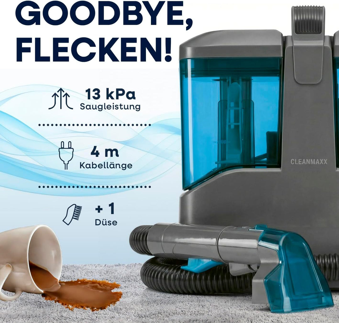 CLEANmaxx Polsterreiniger Gerät Kompakt Pro inkl. Teppichreiniger Mittel | 13 kPa Nasssauger für Pol