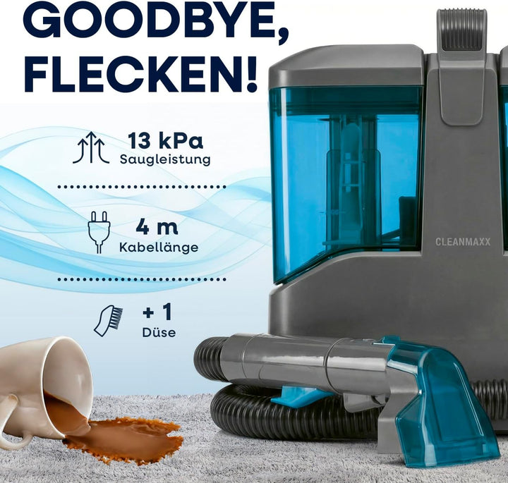 CLEANmaxx Polsterreiniger Gerät Kompakt Pro inkl. Teppichreiniger Mittel | 13 kPa Nasssauger für Pol