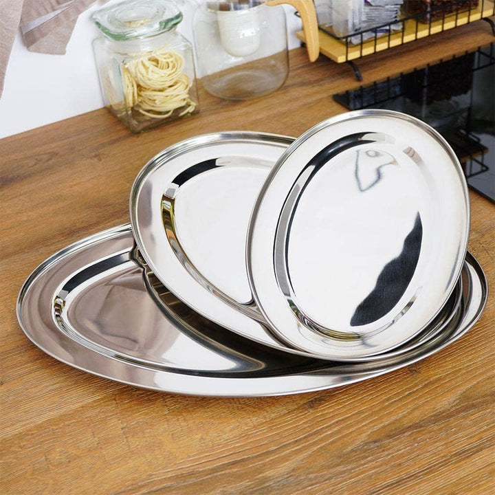 Servierplatte Servierteller Kellnertablett Serviertablett oval silbern aus Edelstahl 3 St.