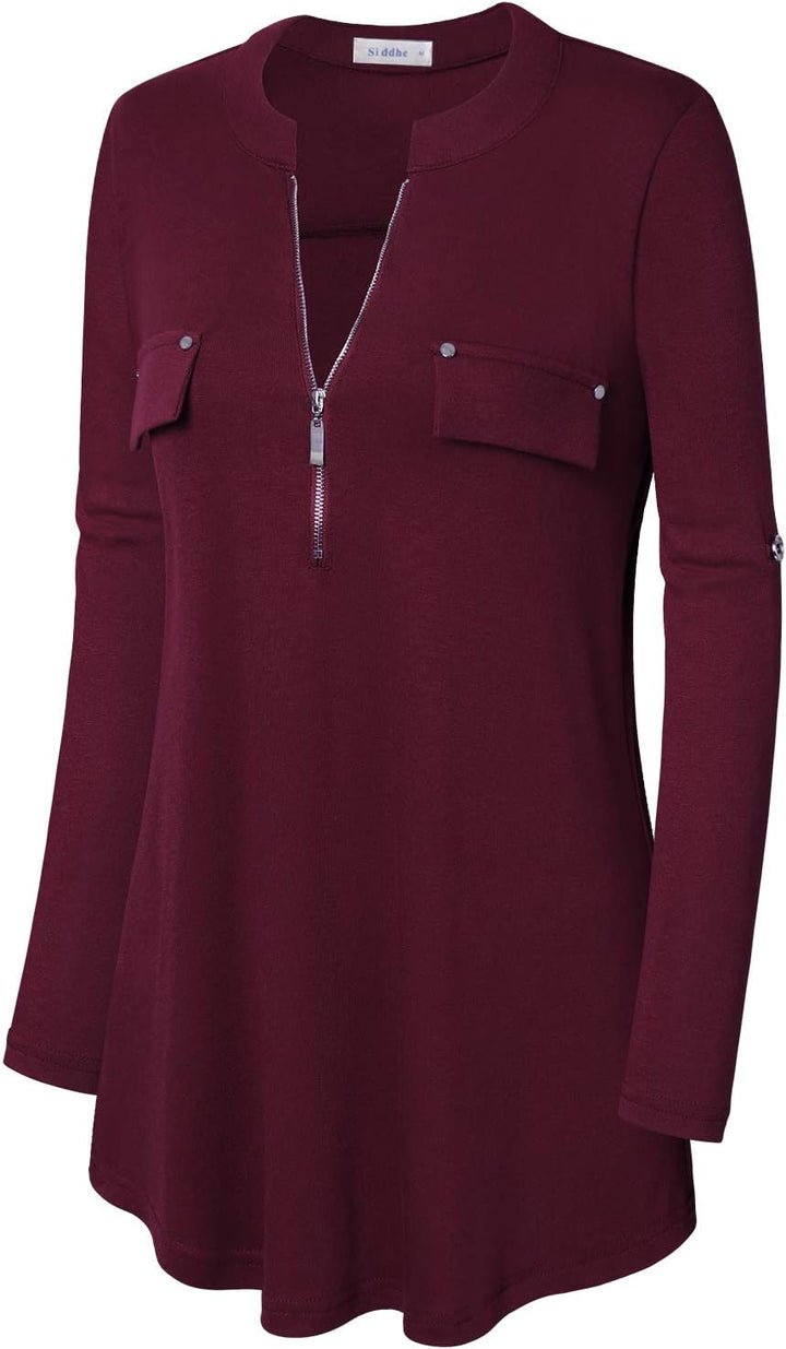 Siddhe Damen V-Ausschnitt Bluse 3/4 Ärmel Tunika Reissverschluss Langshirt Langarm Hemd Tops T-Shirt