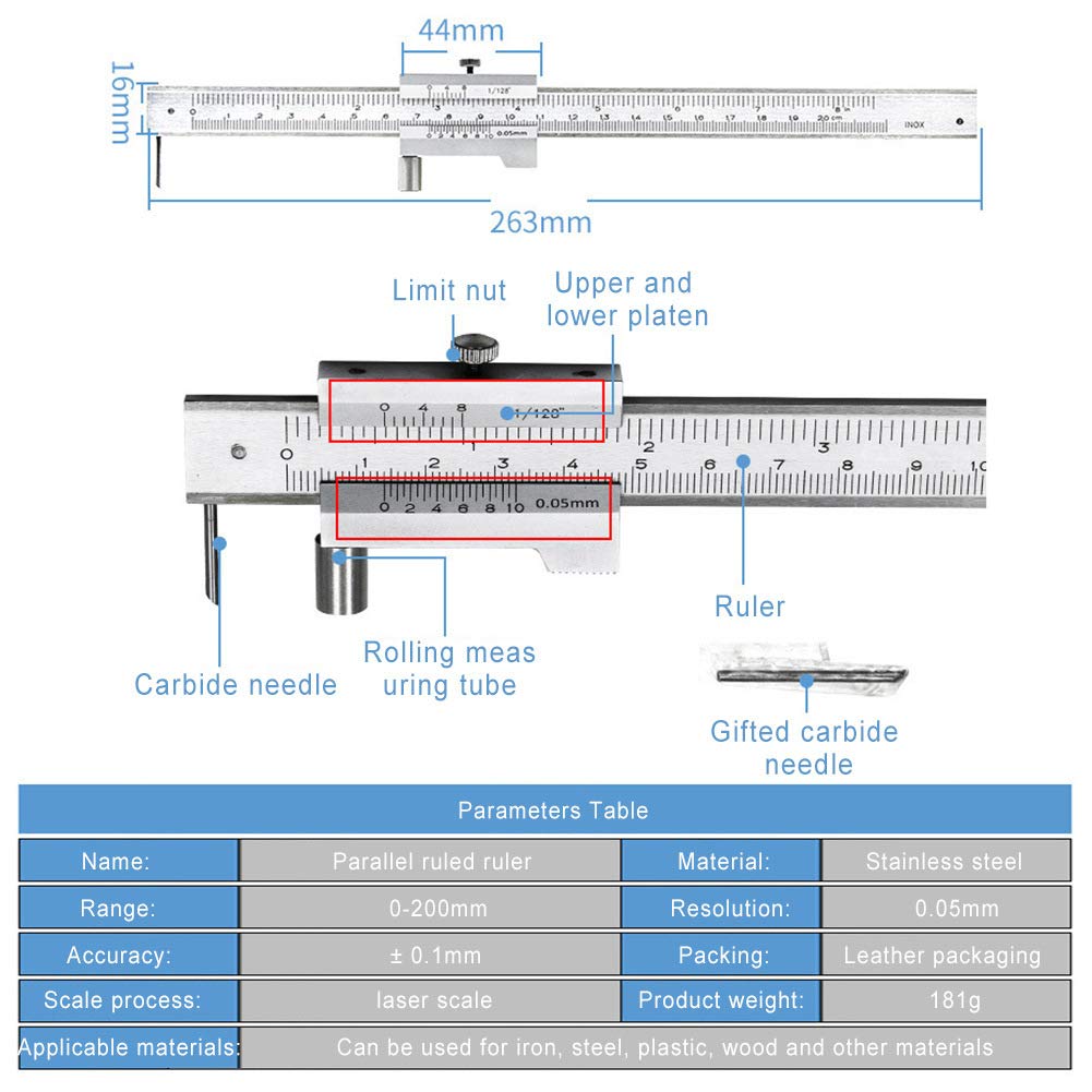 Digitaler Messschieber, 0-200 mm, tragbarer Messschieber aus Edelstahl mit scharfer Spitze für Holz,