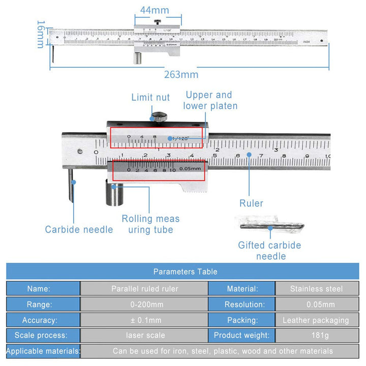 Digitaler Messschieber, 0-200 mm, tragbarer Messschieber aus Edelstahl mit scharfer Spitze für Holz,