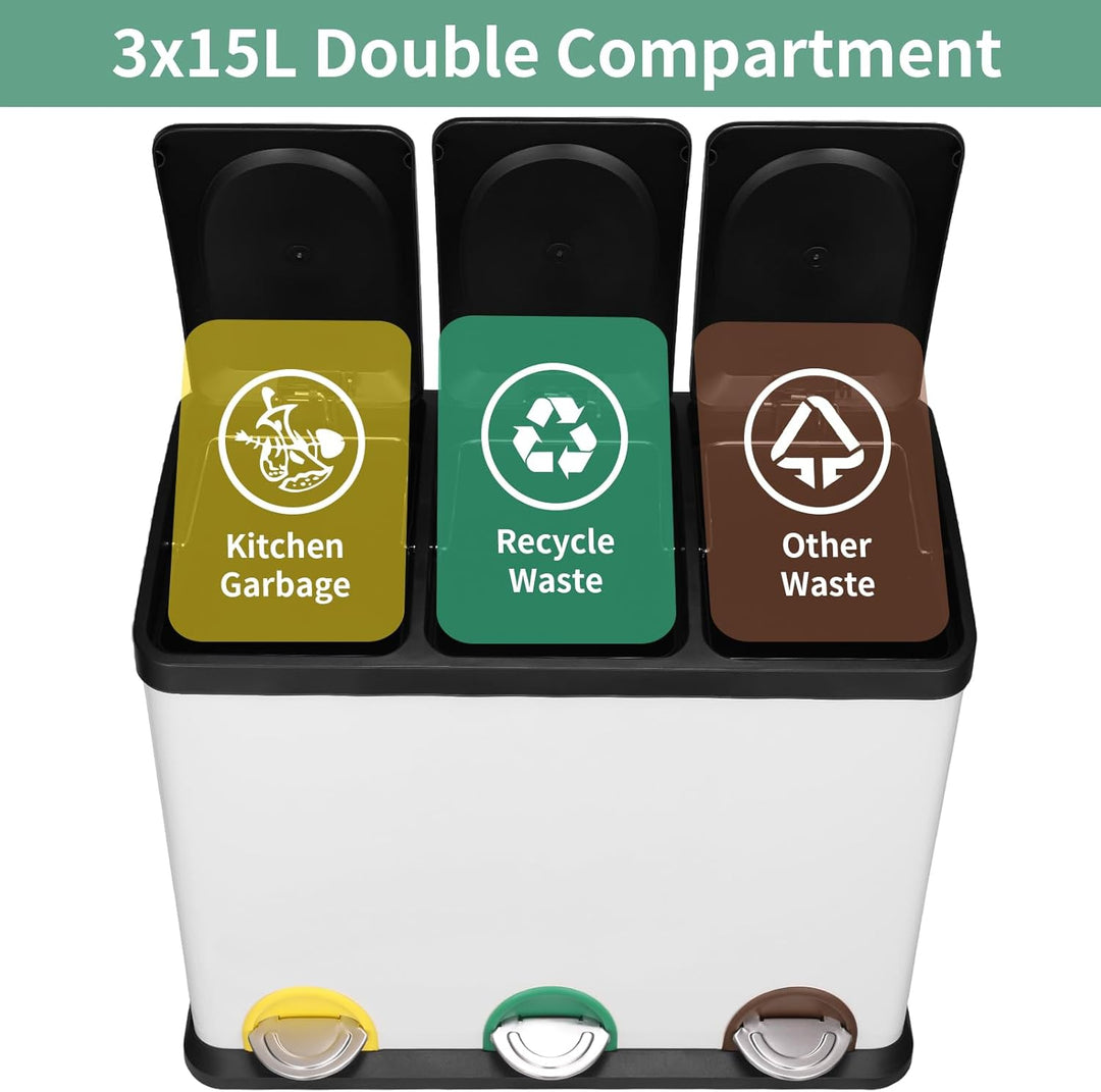 LIFERUN Mülleimer 3 Fächer, 3X 15L Mülltrennsystem, 45 Liter Abfalleimer Küche, Gross Edelstahl Tret