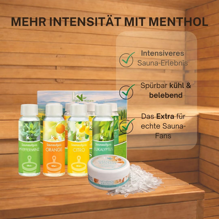 Sauna Set | KK Saunaaufgussset 4 x 100 ml + 50g Mentholkristalle | Saunakonzentrat + Menthol-Kristal