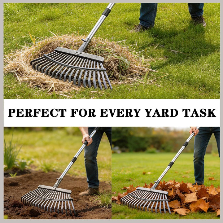 Rechen Garten, Gartenrechen Metall mit 180cm Edelstahl Stiel, Harke, Laubrechen für Garten, Rasen, S