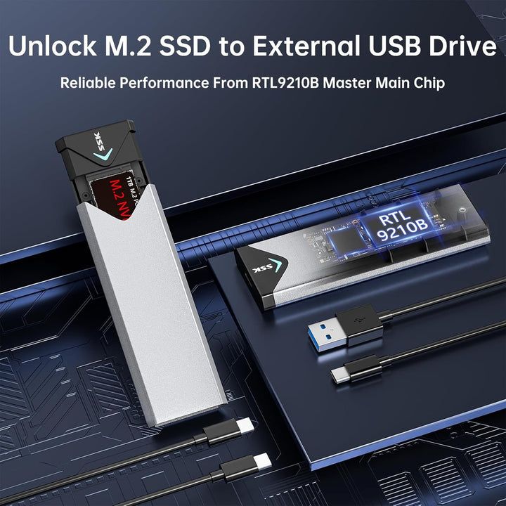 SSK Aluminium M.2 NVME SATA SSD Gehäuseadapter, USB 3.2 Gen 2 (10 Gbit/s) auf PCI-E NGFF M-Key/(B+M)