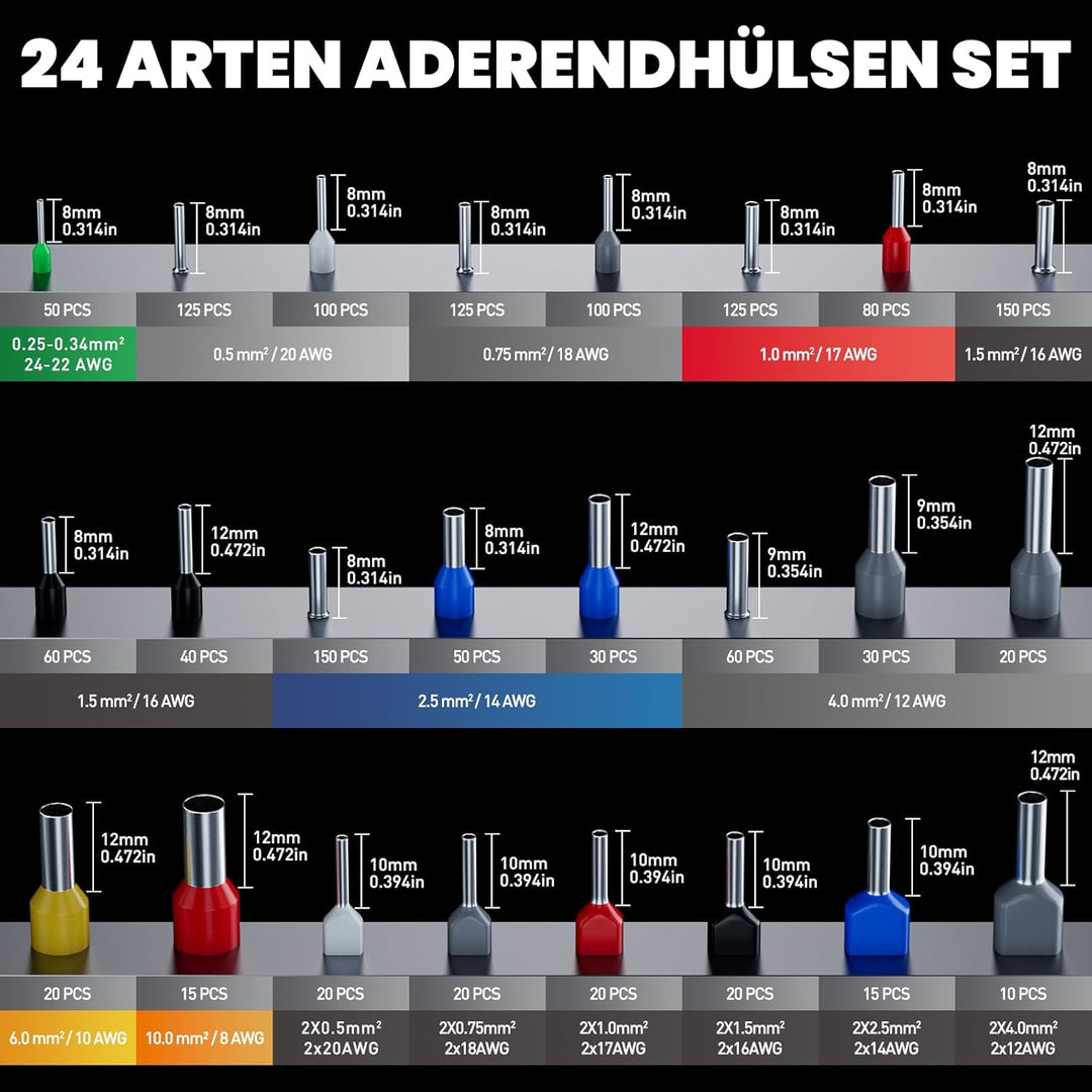 PEBA Crimpzange Aderendhülsen Set, Zange [0,25– 10mm2] mit 24 Stile Aderendhülsen+Abisolierzange, Se