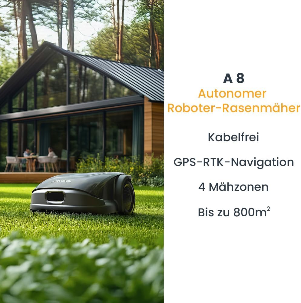 STIGA A 8 - Autonomer Mähroboter, kabellos, AGS & GPS-RTK Navigation, bis zu 800 m², App-gesteuert,