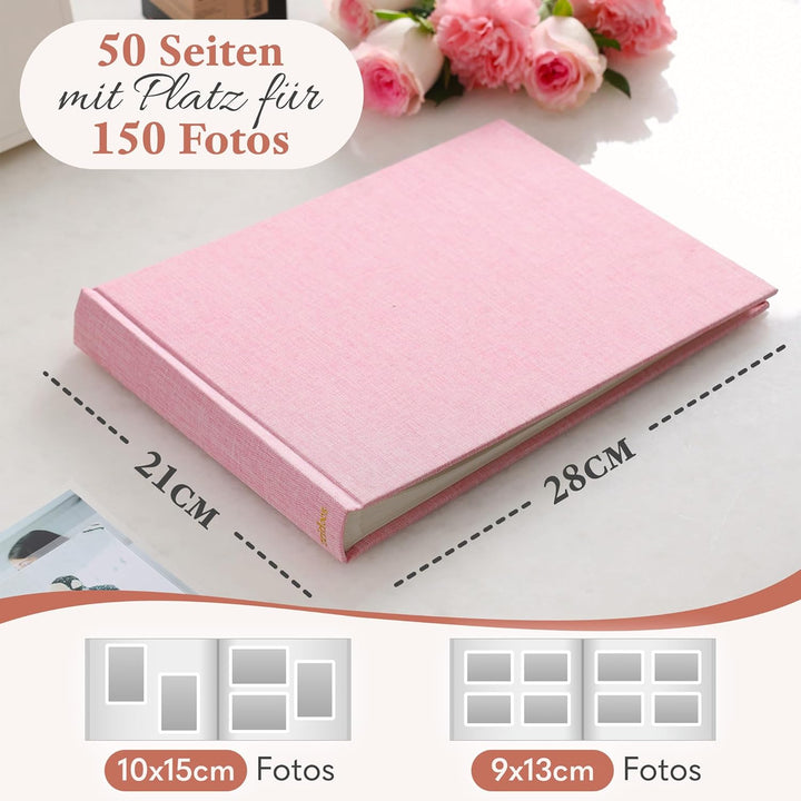 Fotoalbum zum Einkleben - Platz für 150 Fotos - echtes Leinen - Fotobuch 21 x 28 cm in Rosa - 50 wei