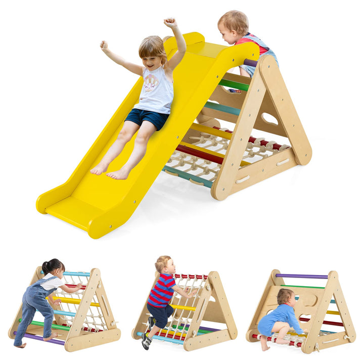GOPLUS 3 in 1 Kletterdreieck mit Rutsche, Klettergerüst mit Leiter & Netz & Brett für Kinder, Indoor