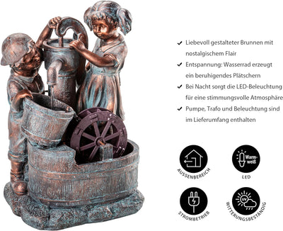 Dehner Gartenbrunnen Lea und Leon mit LED Beleuchtung, ca. 68.5 x 45 x 35 cm, Polyresin, grün/blau/b