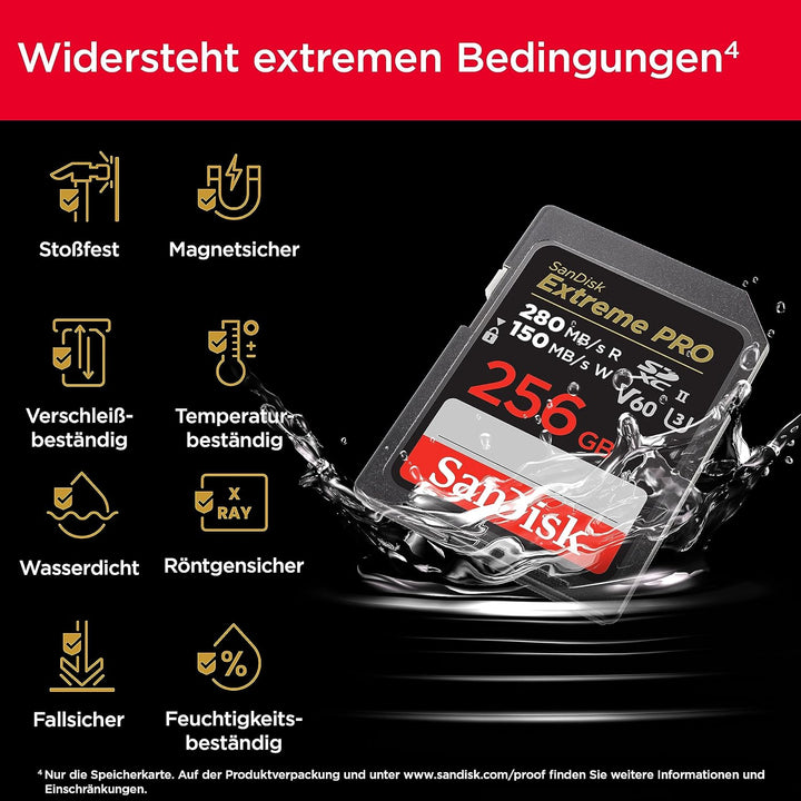 SanDisk Extreme PRO SDXC UHS-II Speicherkarte V60 256 GB (280 MB/s, 6K, 4K UHD, U3, C10, Rescue PRO