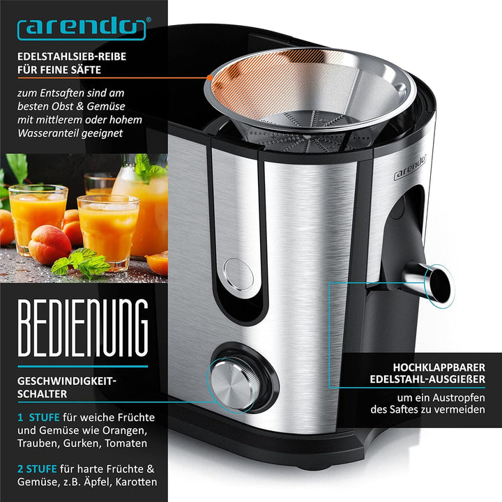 Arendo - Entsafter für Obst und Gemüse in Edelstahl - Zentrifugaler Entsafter Juicer - elektrisch -
