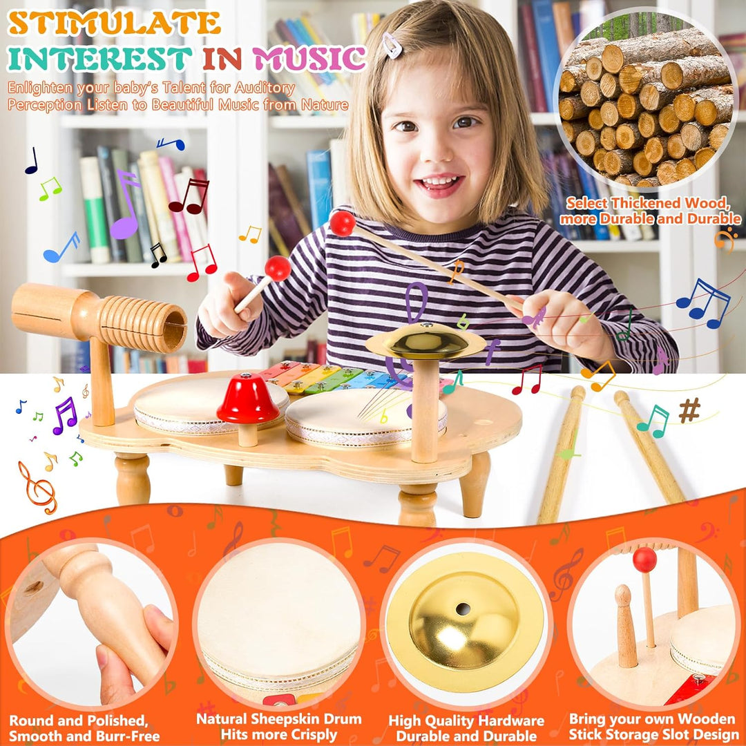 10-in-1 Holz-Musikinstrumente Set – Kinderschlagzeug | Montessori Lernspielzeug mit Xylophon,Trommel