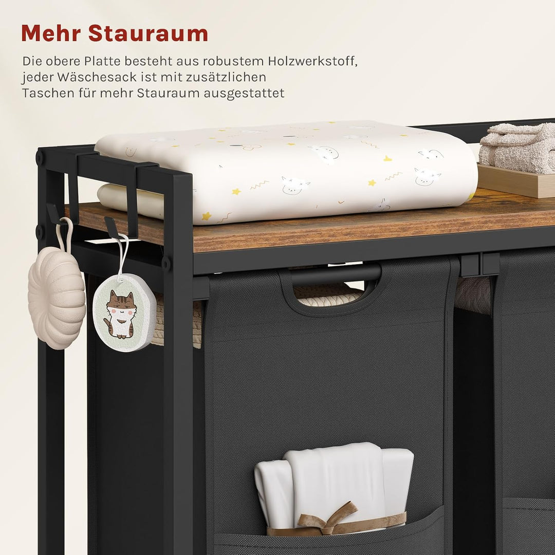 WOLTU Wäschekorb 3 Fächer, jedes 40 L, Wäschesammler mit Ablage Metallrahmen, Oxford-Stoff-Wäschesac