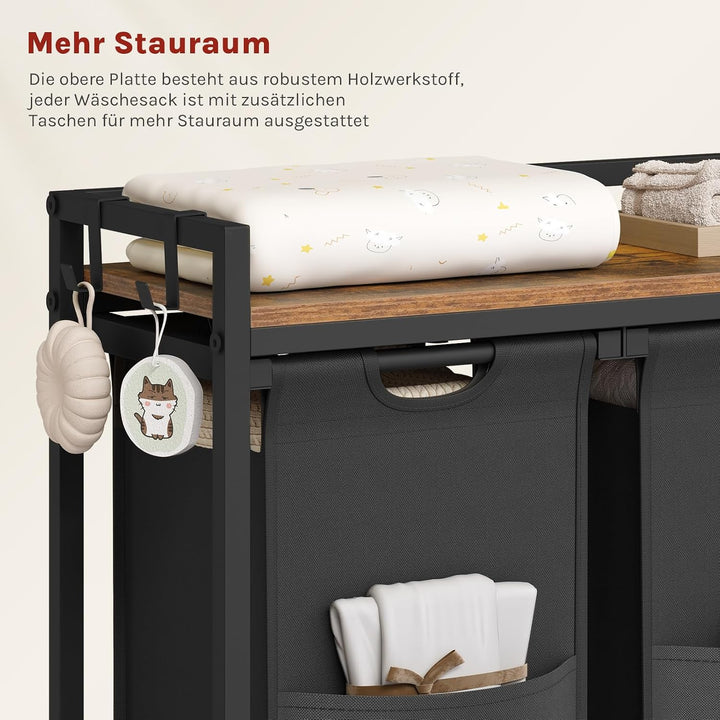 WOLTU Wäschekorb 3 Fächer, jedes 40 L, Wäschesammler mit Ablage Metallrahmen, Oxford-Stoff-Wäschesac