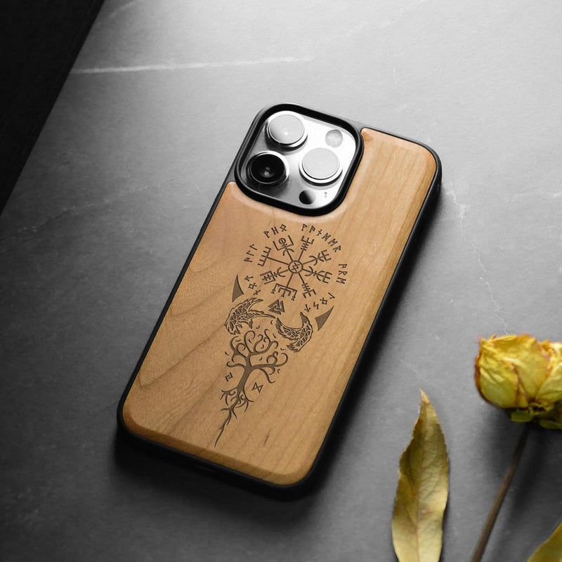 Carveit Holz Cover für iPhone 15 Pro Max hülle, Kompatibel mit Magsafe Silikon Stossfeste Cover, Mag