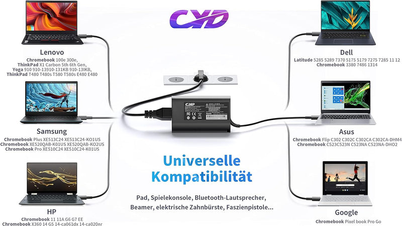 CYD 65W USB C ladegerät für Ladekabel-Dell-Laptop XPS 12 9250, XPS 13 9350 9360 9365 9370 9380, Lati