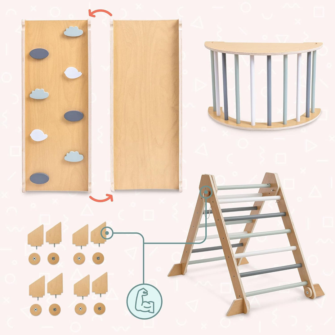 mamabrum Indoor Spielplatz Aus Holz Für Kinder – Pikler Dreieck, Kletterbogen, Rutsche Beidseitig –