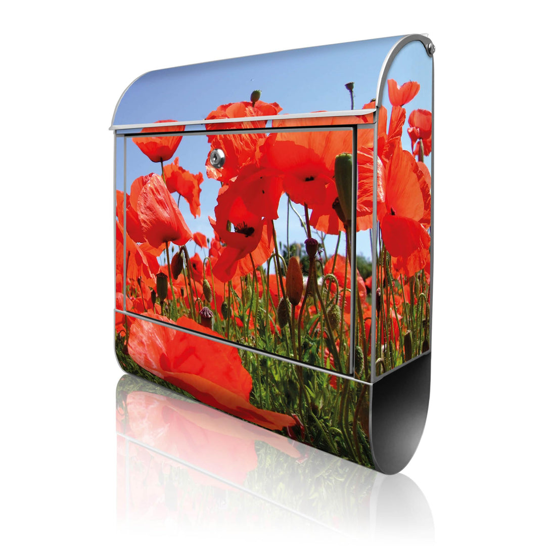 banjado® Design Briefkasten mit Motiv Mohnblumen 39x47x14cm &amp; 2 Schlüssel - Briefkasten Stahl Silber
