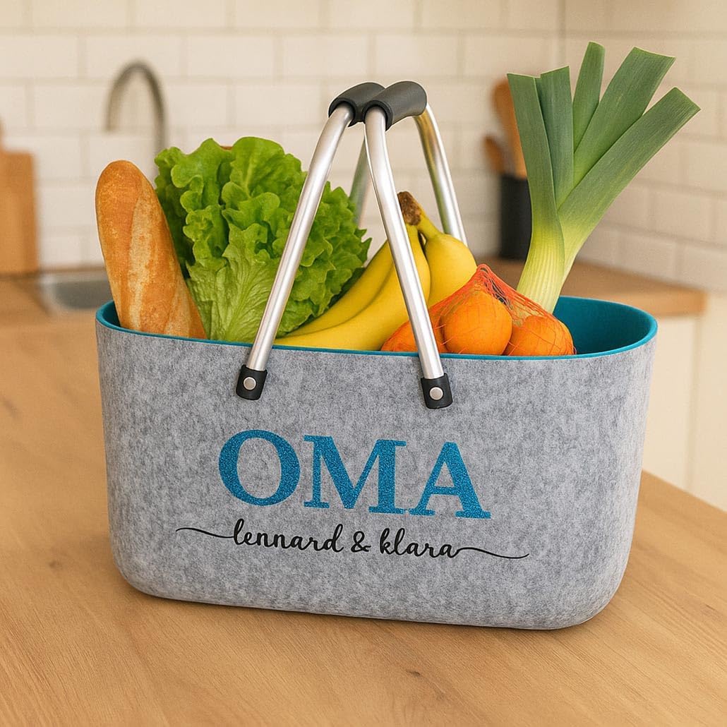Kobolo personalisierbarer Filzkorb | 36x22x18 cm | grau-blau | moderner Einkaufskorb mit stabilen He