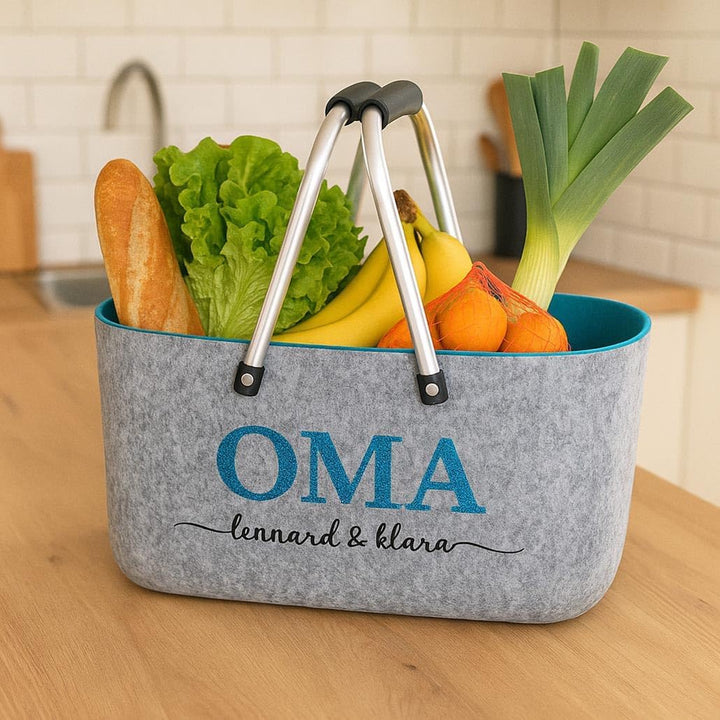 Kobolo personalisierbarer Filzkorb | 36x22x18 cm | grau-blau | moderner Einkaufskorb mit stabilen He