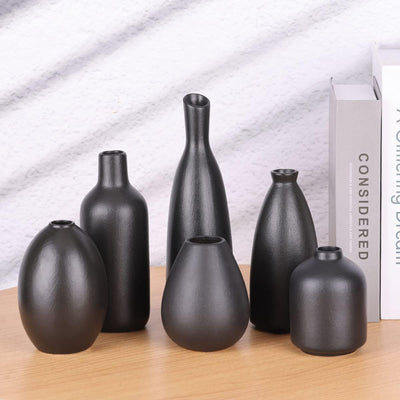 Schwarze Keramik Knospen Vasen Set von 6, Bauernhaus Dekor, Kamindekor, Kaminsims & Regal Dekor, Hei