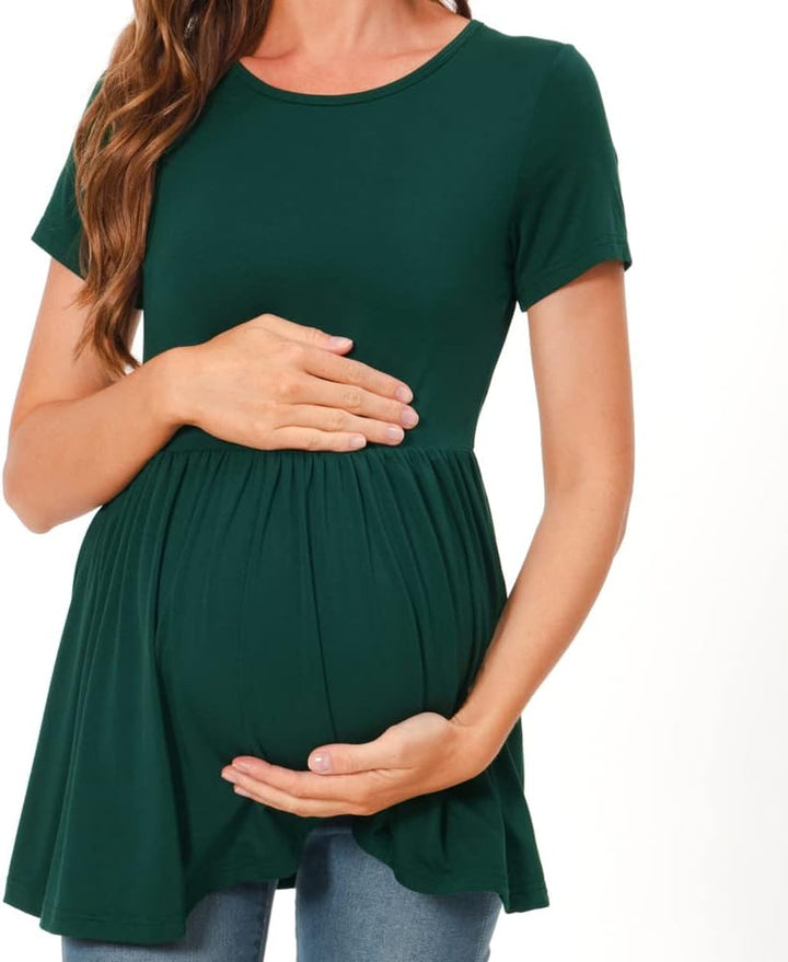 Bearsland Maternity Tops Short Sleeve Scoop Neck Breastfeeding T-Shirt Pregnancy Clothes S Grün & He