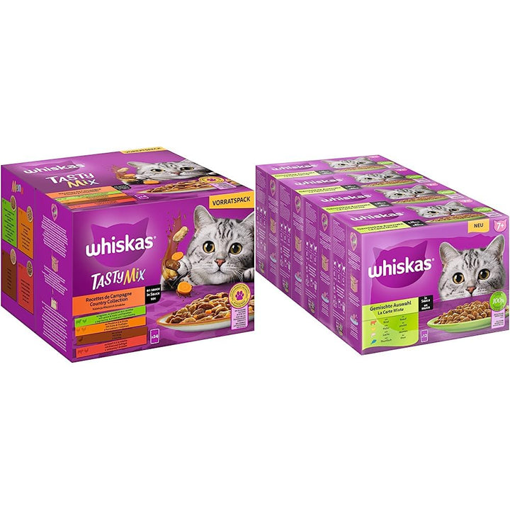 Whiskas 1+ Katzenfutter Tasty Mix Country Collection in Sauce & Senior 7+ Katzennassfutter Gemischte