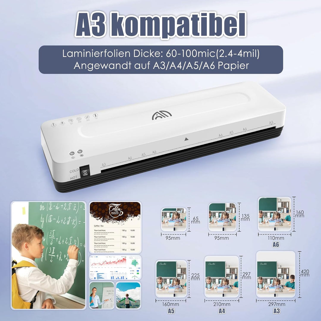 Laminiergerät A3 Laminiermaschine mit 30 Laminierfolien A3 A4 A5 A6 Laminiergerät 3 in 1 Kalt und He