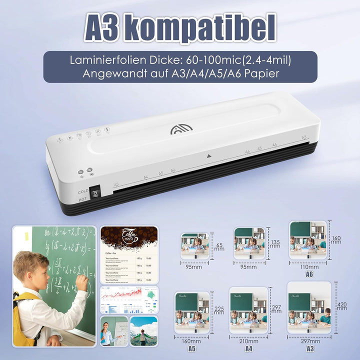 Laminiergerät A3 Laminiermaschine mit 30 Laminierfolien A3 A4 A5 A6 Laminiergerät 3 in 1 Kalt und He