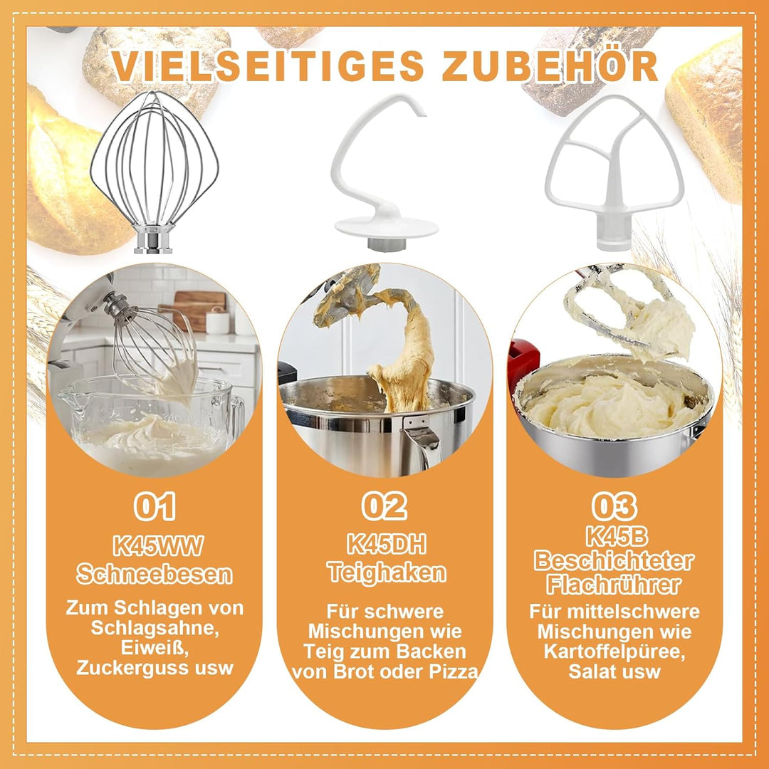Küchenmaschinen Zubehör-Set 3 Stück Mixeraufsätze mit Schneebesen Knethaken und Flachrührer für Hobb