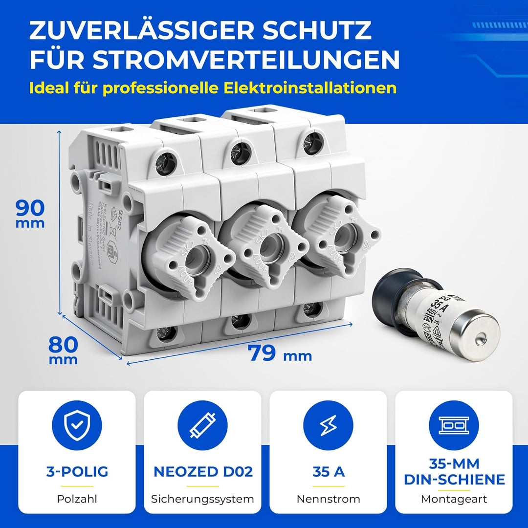 grenda-hammer® | Neozed Sicherungssockel mit Schraubkappen und 3x Schmelzsicherungen (D02-3x35 Ampèr