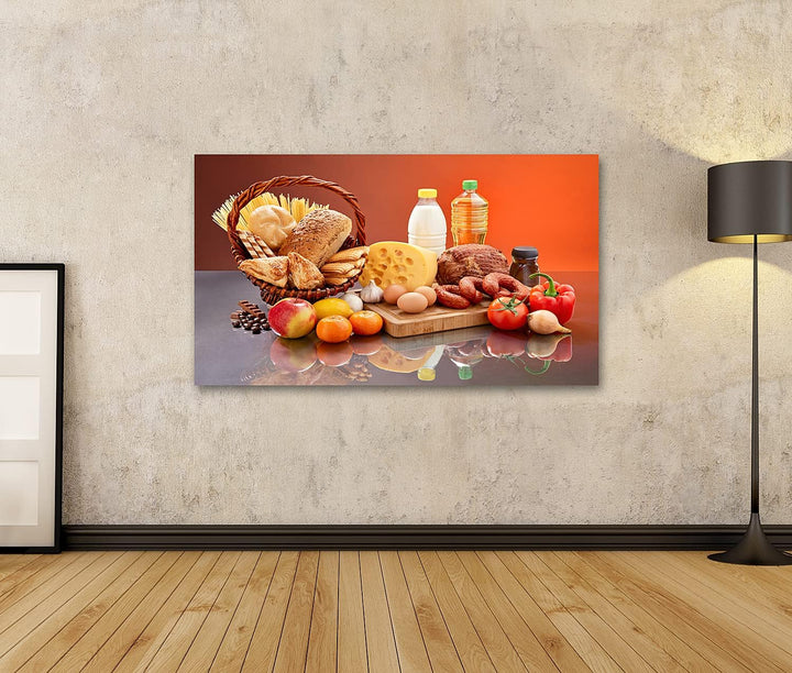 islandburner Bild auf Leinwand Variation Von Lebensmitteln Mit Schneidebrett Und Korb Bilder Wandbil