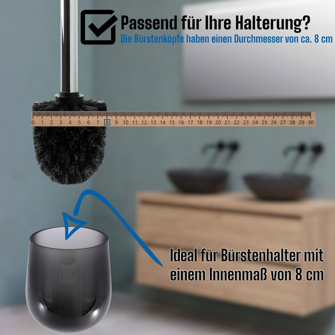 Daloual - 3 x Ersatz WC-Bürstenkopf Schwarz Ø ca. 8 cm + 1 x Edelstahl-Griff 26,5 cm - Toiletten-Bür