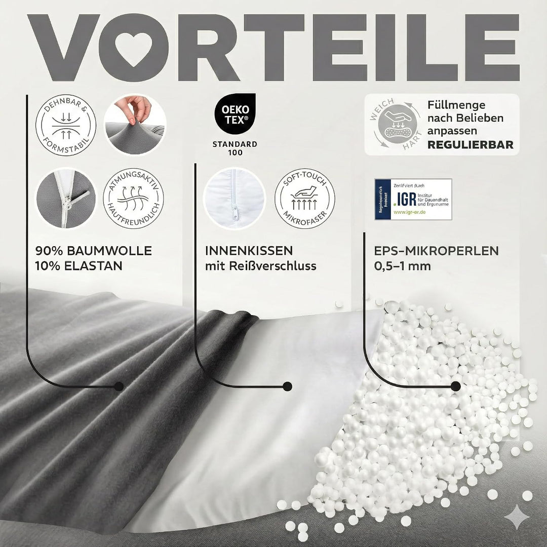 sei Design Stillkissen 170×30 cm – ergonomisch geprüftes Unterstützungskissen – EPS-Mikroperlenfüllu