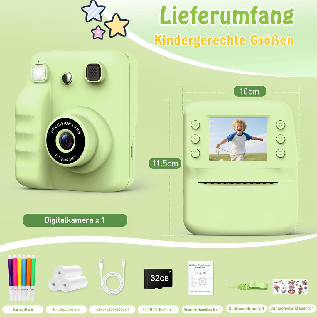 Kinderkamera Sofortbildkamera, Geschenk für Mädchen Jungen von 3–12 Jahren | 2.4" Bildschirm,1080p-V