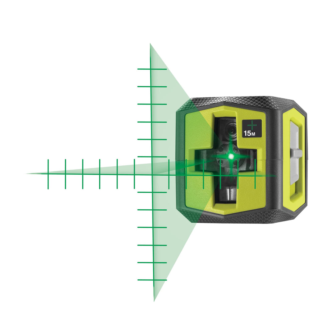 RYOBI batteriebetriebener Kreuzlinienlaser RBCLLG2 mit Skalamarkierung (15m, Selbstnivellierung 3°,