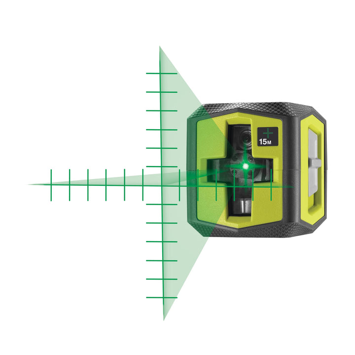 RYOBI batteriebetriebener Kreuzlinienlaser RBCLLG2 mit Skalamarkierung (15m, Selbstnivellierung 3°,