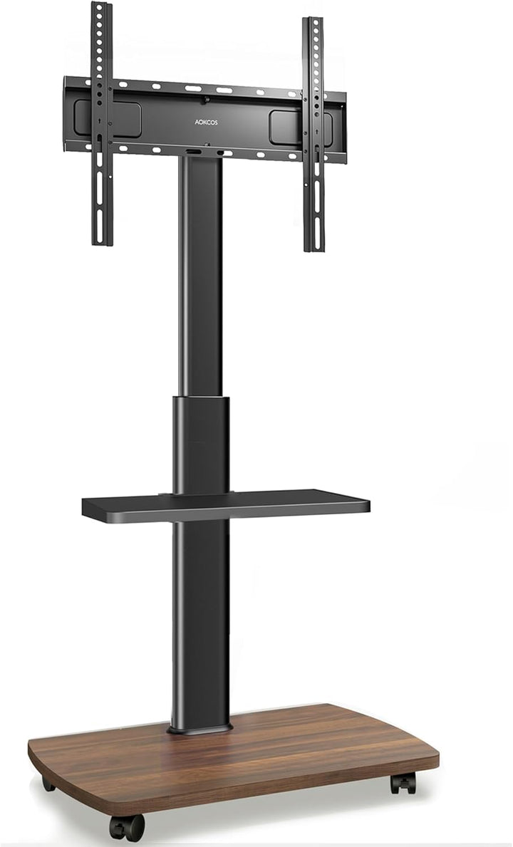 AOKCOS TV Ständer Rollbar mit Holzablage Regal, Fernsehständer auf Rollen für 32-65 Zoll Fernseher,