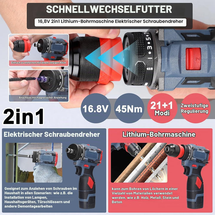 Weytoll 16,8V Akku-Bohrschrauber, Akkuschrauber, 2 * 1300-mAh-Akkus, max. 45 Nm, 21+1 Drehmomenteins
