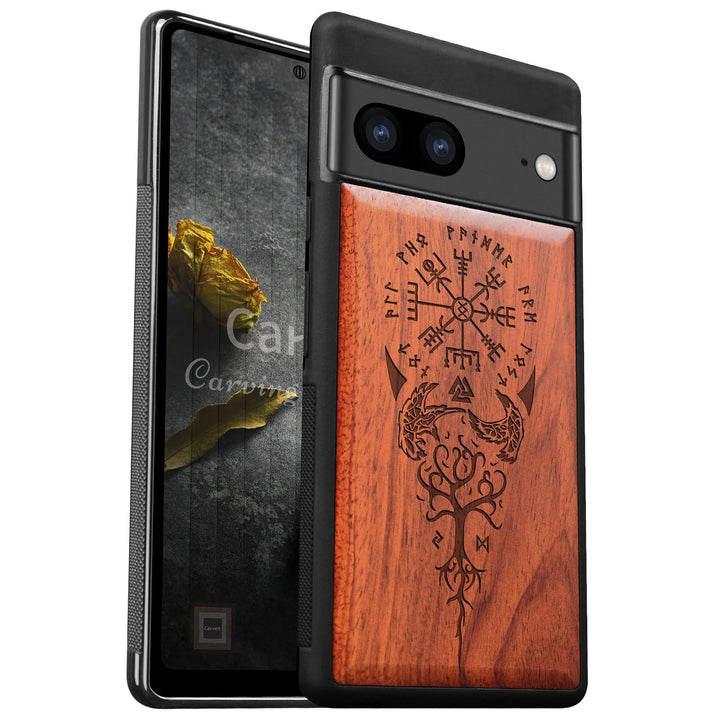 Carveit Holz Handyhülle für Google Pixel 7 Cover [Einzigartiges Design Case] Stossstange hülle Kompa