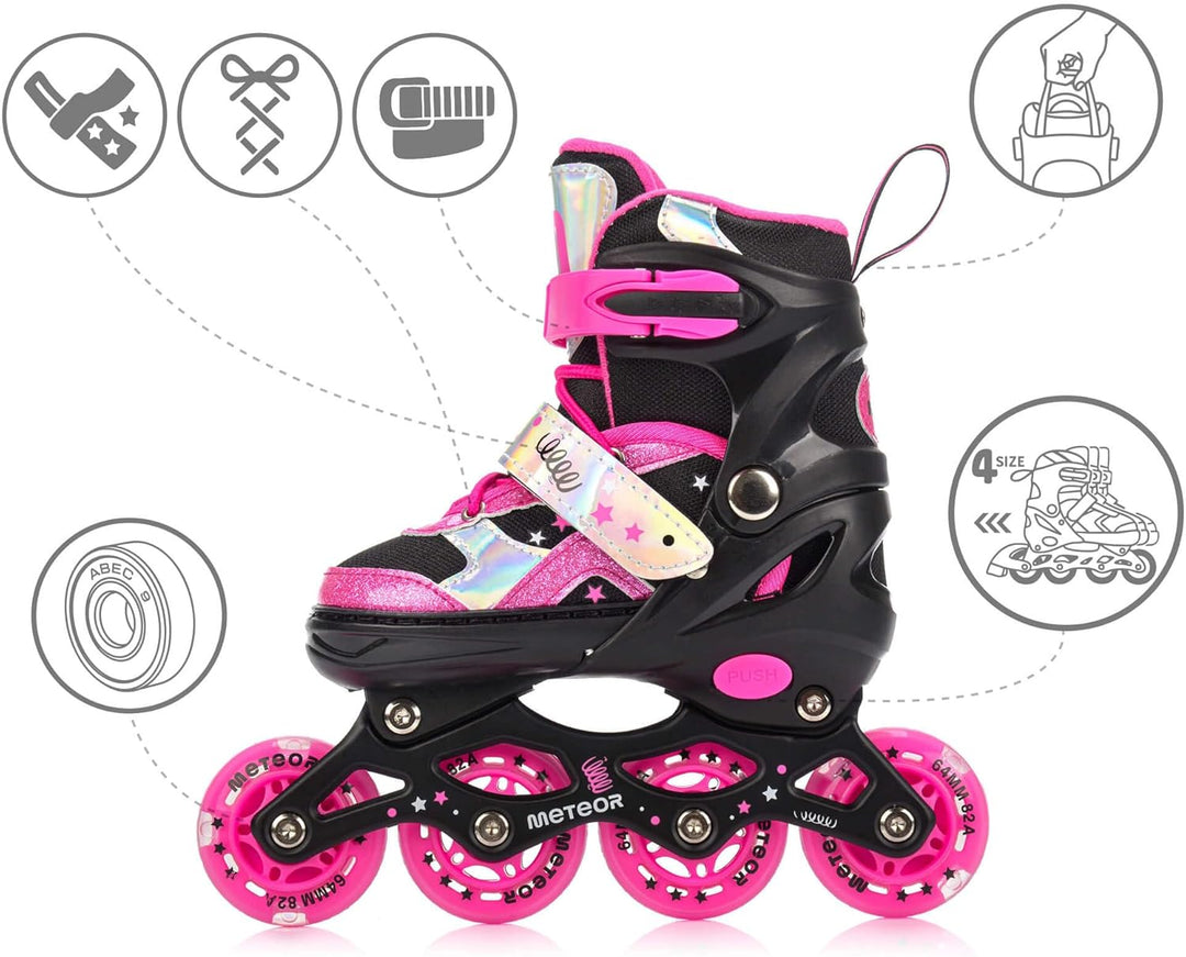 meteor verstellbare 4‑in‑1 Kinder Inline-Skates – Rollschuhe Inliner Schlittschuhe – ABEC‑7 PU‑Räder